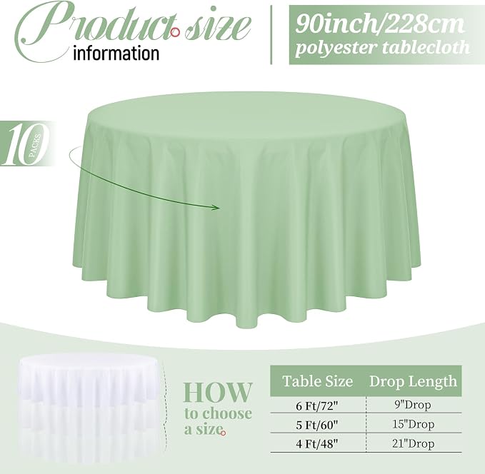 10 Pack Sage Green Round Tablecloths 90 Inch, Polyester Round Table Cloth Circle Bulk Linen Washable Table Cloth Stain and Wrinkle Resistant Circle Table Cover for Wedding Party Dining Banquet