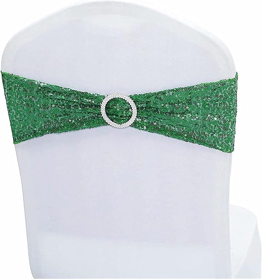 Sequin Chair Sashes Spandex, Pack of 12 Sequin Stretch with Buckle Chair Bands for Wedding Banquet Birthday Graduation Party Anniversary Prom Celebration Chair Decorations (Green, 12pcs)