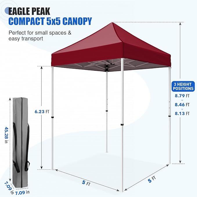 EAGLE PEAK 5x5 Pop Up Canopy Tent Instant Outdoor Canopy Easy Set-up Straight Leg Folding Shelter, Burgundy