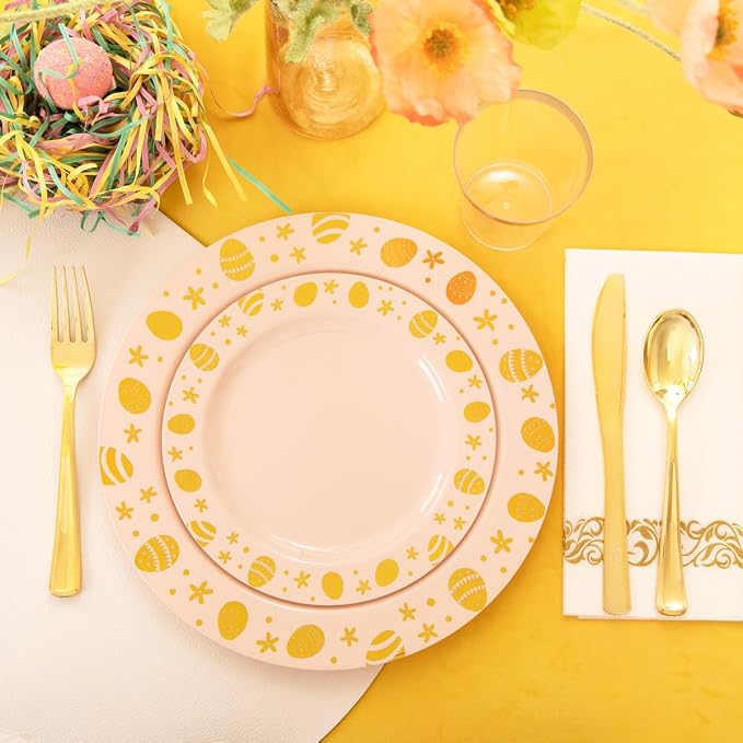 U-QE 25 Guests Plastic Easter Plates and Napkins - Pink and Gold Easter Party Supplies Include 25 Guests Dinner and Dessert Plates, 25Forks, 25Knives, 25Spoons, 25Cups, 25Napkins-Features of Gold Egg