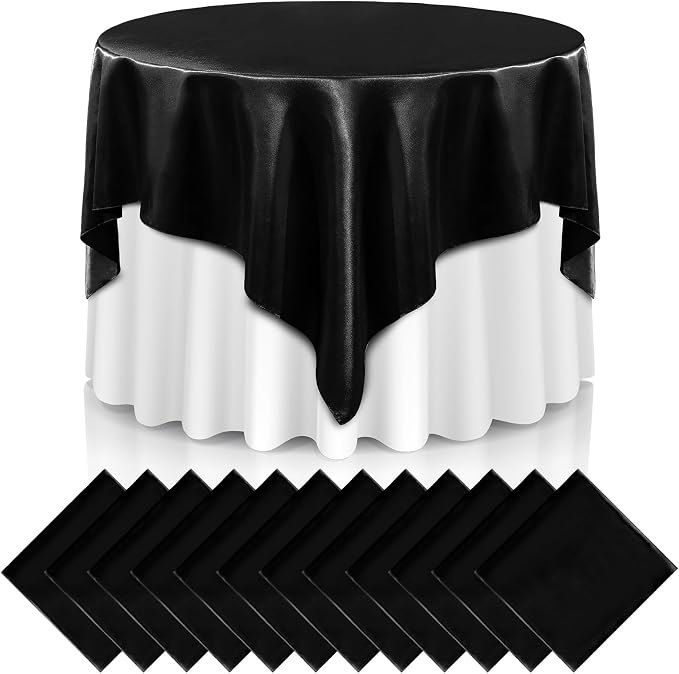 Newwiee 12 Pcs 72 Inch Satin Tablecloth Square Overlay Smooth Fabric Tablecloth Satin Table Cover Fabric Decoration Dining Cloths for Party Wedding Banquet Table Decoration(Black)