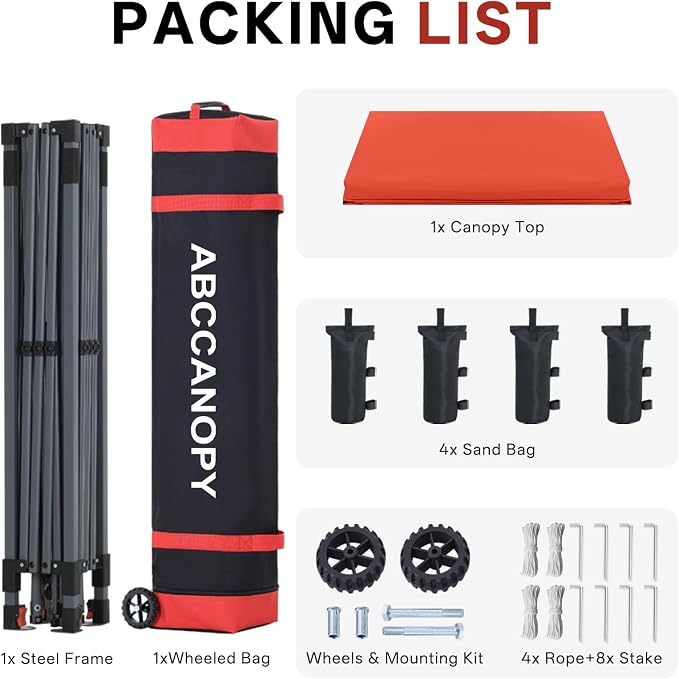 ABCCANOPY 10x10 Pop Up Canopy Tent, Easy Setup Instant Shelter with Wheeled Bag, Heavy Duty Outdoor Canopy for Beach, Market, Backyard, Outdoor Weather Protection (Reddish Orange, 10x10)
