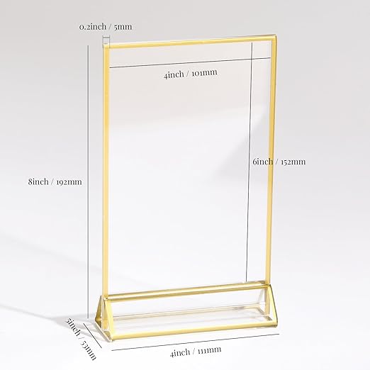 UNIQOOO Acrylic Sign Holders with Golden Border, Portrait View, Pack of 12 | 4x6 Inches Double Sided Clear Frame, Perfect for Wedding reception, Centerpiece, Decoration, Party,Anniversary, Event