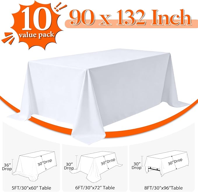 10 Pack White Table Cloth Rectangle 90x132 Inch Rectangular Tablecloths for 6 Foot Tables, Wrinkle Resistant Washable White Tablecloth Polyester Fabric Table Covers for Party Banquet Wedding Buffet