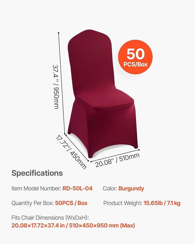 VEVOR Chair Covers, Polyester Spandex Chair Cover, Stretch Slipcovers for Wedding Party Dining Banquet Flat-Front Chair Covers (Burgundy-a, 50PCS)