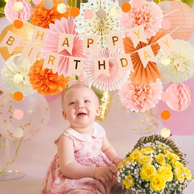 Boho Fall Peach and Orange Birthday Decorations Paper Lanterns Orange Peach Beige Pom Poms Pastel Autumn Birthday Party Decorations for Girls Women with Banner Beige Gold