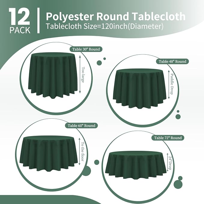 Pesonlook 12 Pack Round Tablecloth Hunter Green Polyester 120 Inch Washable Fabric Round Table Cover Tablecloth for Wedding/Party/Banquet/Dining/Buffet Table