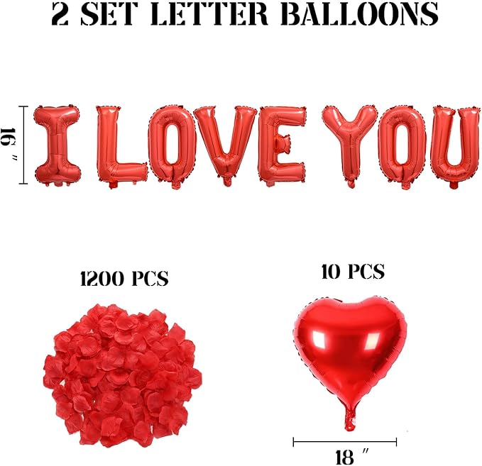 2 Set Red I LOVE YOU Balloons - 16pcs 16" Letter Balloons 10pcs 18" Heart Balloons with 1200pcs Red Artificial Rose Petals Alphabet Foil Mylar Balloons for Valentines Day Decorations