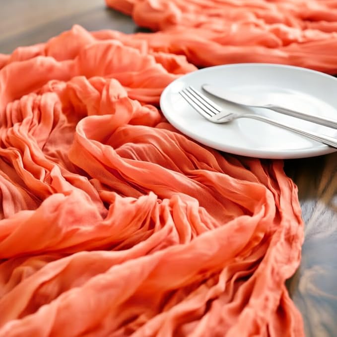 LINXTAR Orange Cheesecloth Table Runner 10 Pack 120 Inches 10Ft Gauze Summer Boho Table Runner for Wedding Tea Party Baby Shower Bridal Birthday Home Decoration