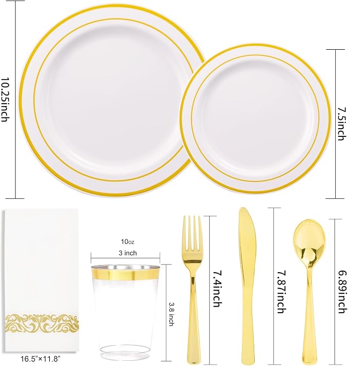 350 Pieces White and Gold Plastic Plates - 50 Guest Dinnerware Set Include 100 Plates, 50 Gold Plastic Silverware, 50 Paper Napkins and 50 Cups for Wedding/Baby Shower/Spring/Birthday/Thanksgiving