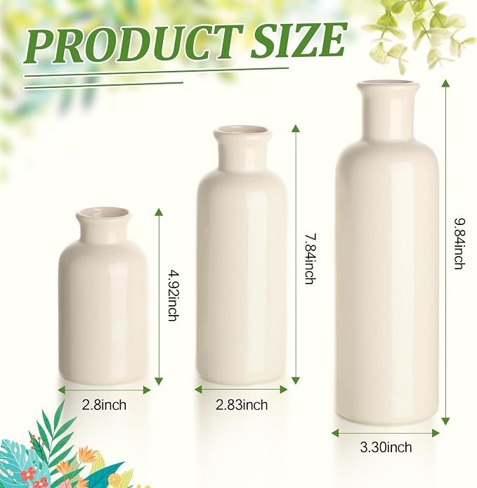 Geelin 6 Pcs Rustic Table Centerpieces, Set of 3 Boho Ceramic Vases, Wooden Serving Tray, Modern Farmhouse Wood Beads Garland Tassel, Artificial Greenery for Home Coffee Tabletop Decor(White)