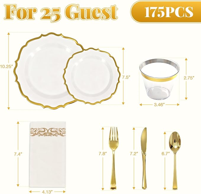 Glowserve 175 Piece Disposable Plastic Plates Dinnerware Set for 25 Guests | 50 Plastic Plates,25 Silverware Set,25 Cups and Napkins,Party Wedding Birthday,Family Gathering,Fancy Plastic Plates
