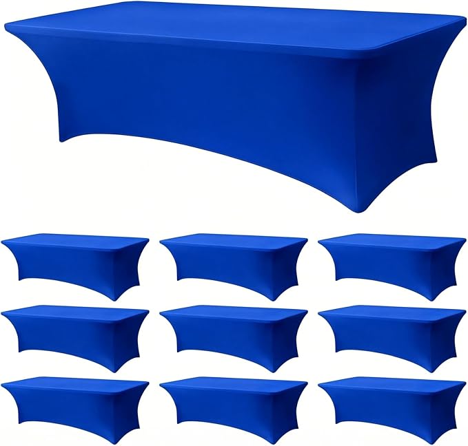 Spandex Tablecloth 10 Pack, 8FT Royal Blue Fitted Table Covers for 96 x 30 in Rectangle Tables, Washable Stretch Table Cloths for Trade Shows, Weddings, Parties & Banquets