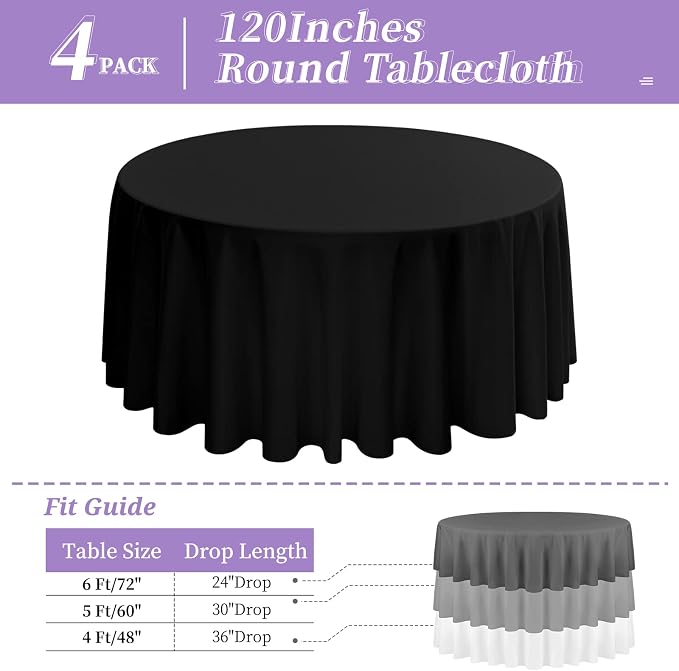 4 Pack Black Round Tablecloth 120 Inch - Circle Polyester Table Cloth for Round Table, Stain and Wrinkle Resistant Washable Fabric Table Cover for Wedding Party Banquet Restaurant Reception Dining