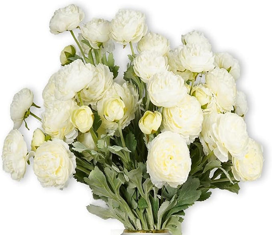 Artificial Flowers White Peonies 20pcs 60Heads Bouquet Fake Peonies Artificial Ranunculus Flowers for Indoor Faux Floral Arrangements Home Table Kitchen Wedding Party Farmhouse Decor ﻿