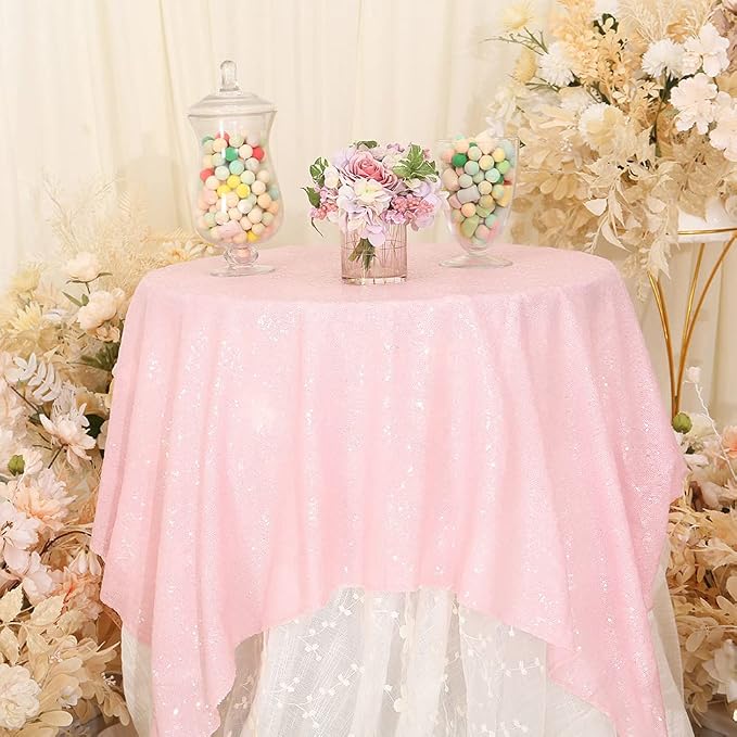 Eternal Beauty Sequin Tablecloth, 50x50 Inch Pink Square Glitter Table Cover for Mother's Day Cake Dessert Exhibition Party Birthday Events