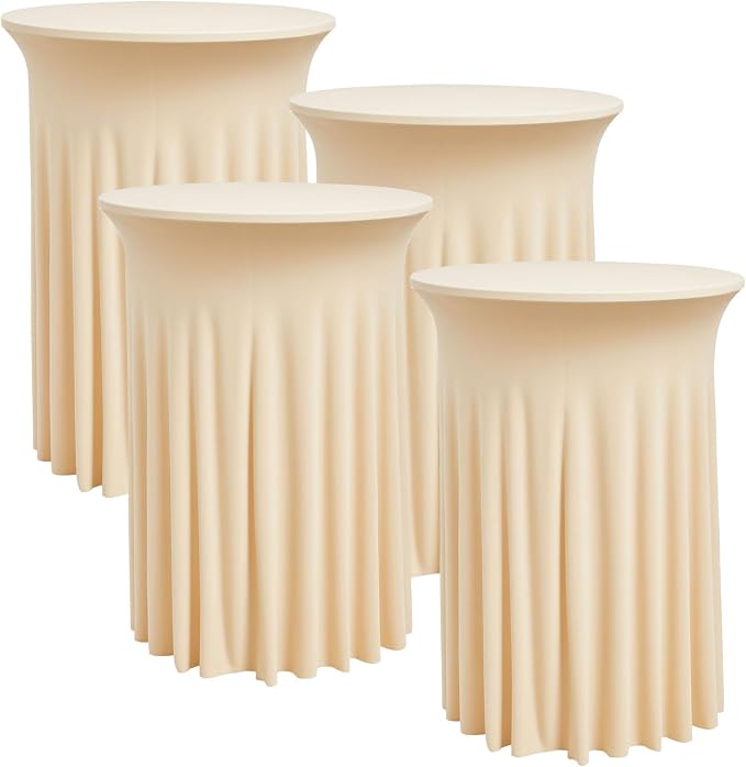 4 pk Champagne Cocktail Table Cloth Round 36×43in-High Top Highboy Bar Cocktail Tablecloths-Wrinkle Free Stretchy Fitted Spandex Table Covers with Ruffle Desk Skirt for Wedding Banquet Party Tables