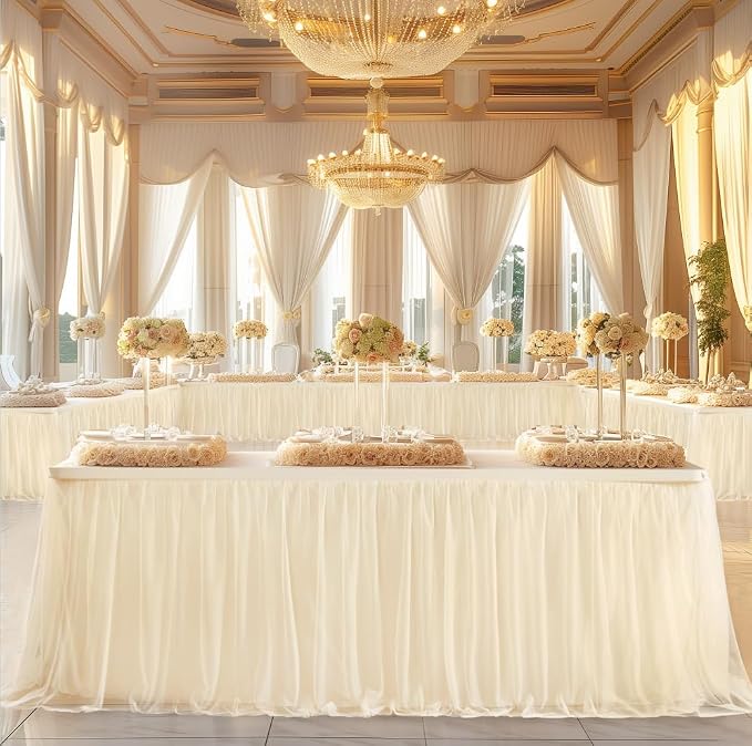 Champagne Tablecloth for 8 Foot Rectangle Tables, Ruffle Tulle Table Skirt for Rectangle Table 8ft Tables Cover Fitted Banquet Birthday Party Wedding Tablecloth Elastic Stretch