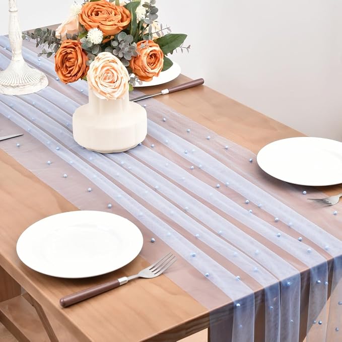 Blue Pearl Table Runner Boho Rustic Tulle Lace Dining Baby Shower Wedding Arch Decor Veil Dessert Holiday Centerpiece Table Decor 3pcs