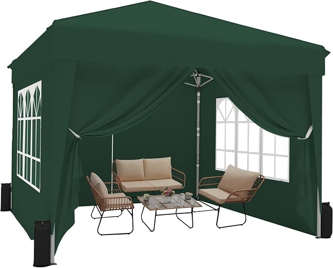 SANWAY 10x10 Pop Up Canopy with Sidewalls x 4 – Easy Setup Canopy Tent, Waterproof, UV-Resistant, Portable with Carry Bag for Outdoor Events, Camping, and Backyard Parties – Dark Green