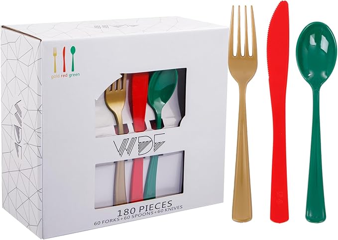 WDF 180 Pieces Plastic Silverware - Disposable Cutlery Set Incluede 60 Gold Forks, 60 Red Knives and 60 Green Spoons - Heavy Duty Plastic Flatware - Disposable Utensils for Wedding Party Birthday