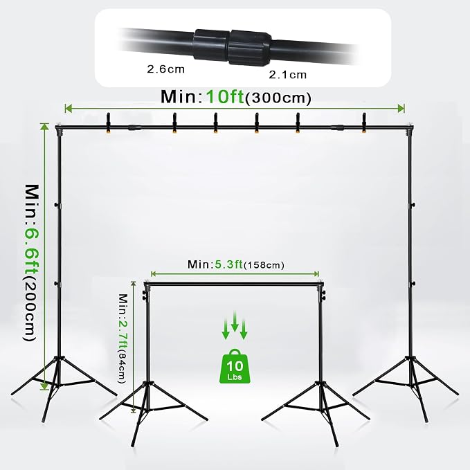 10x7 ft Adjustable Green Screen Backdrop Kit with Stand, Photo Background Support System for Video Streaming, Photography, Studio, Parties, Events