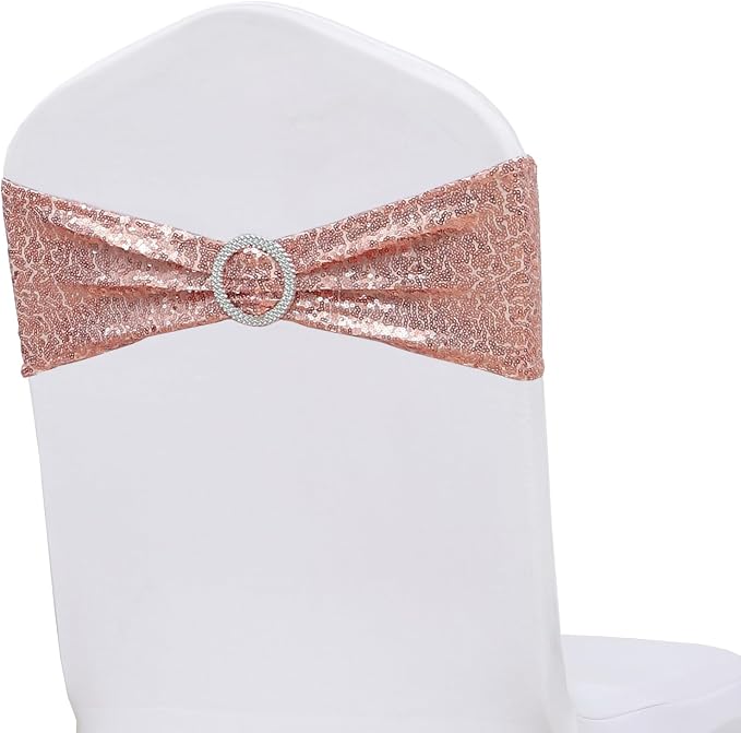 Double-Sided Sequins Rose Gold Chair Sashes for Wedding Decor, Rose Gold Sequin Chair Sashes Bands with Silver Buckles, Chair Bows for Party Ceremony Event Christmas Decorations - 100 Pack