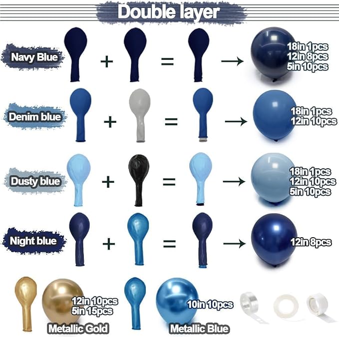 Navy Blue Gold Balloon Arch Kit, Double Stuffed Royal Pastel Blue Balloon Garland Different Sizes Metallic Gold Balloons for Birthday Baby Shower Graduation Wedding Anniversary Fathers Day Decor