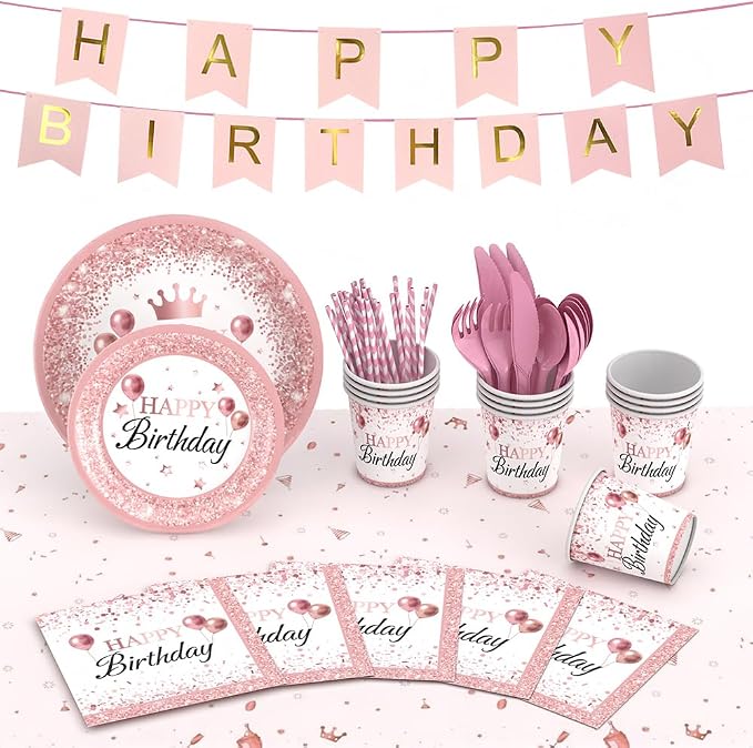Rose Gold Birthday Party Supplies,212Pcs Disposable Party Decorations Includes Disposable Paper Plates, Napkin, Fork, Knives Spoons Cup, Tablecloth, Banner Balloons Straws for 24 Guests
