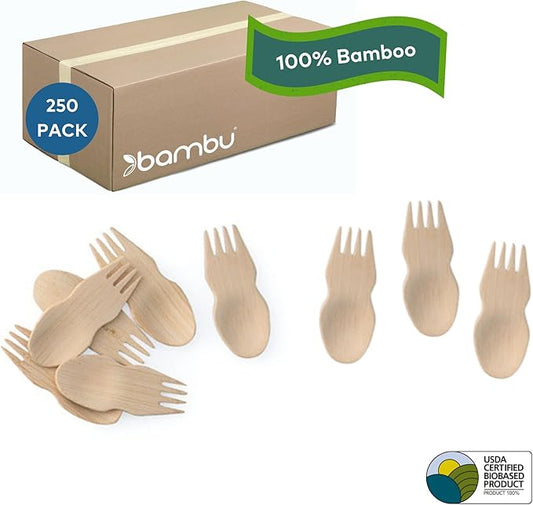 Bambu Pack of 250 - Bamboo Sporks Disposable Set, Biodegradable Eco Friendly Products, Bamboo Utensils for Weddings, Parties, and Events, Compostable Cutlery Great For Any Occasion - Bulk Case