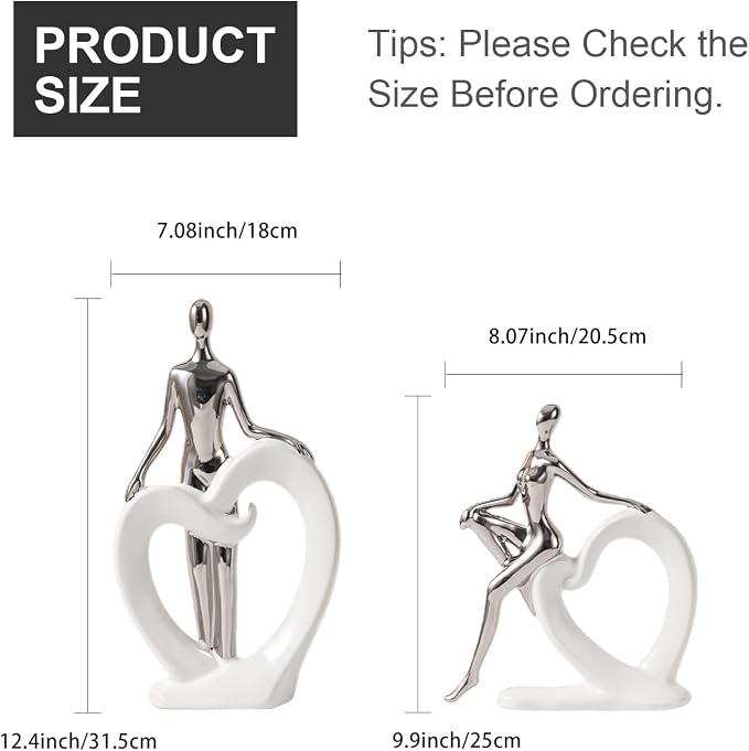 Ceramic Statues Aesthetic Abstract Couple and Heart Sculpture Modern Home Decor Decorative Statue for Living Room Bedroom Bookshelf Table Centerpiece Office (White and Silver)