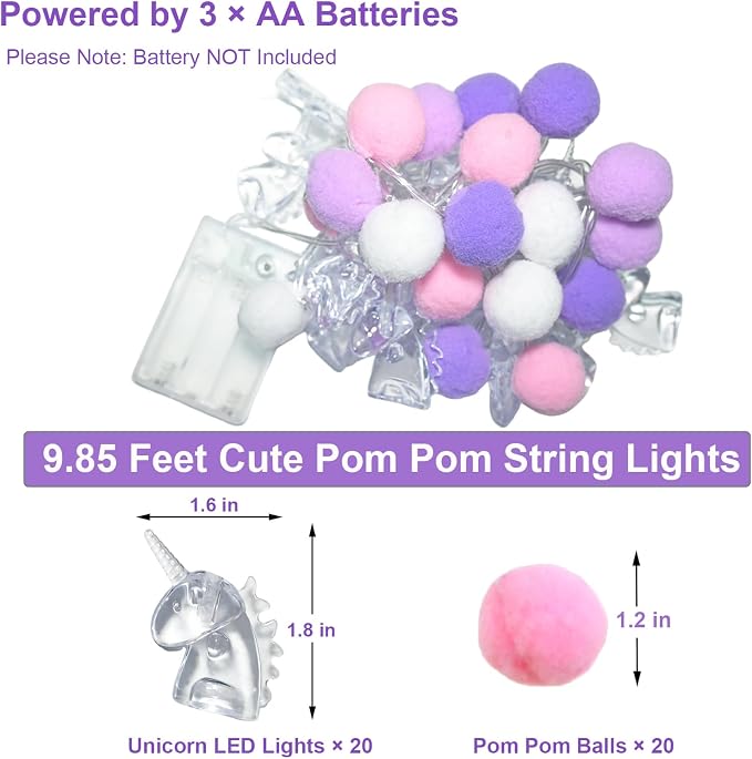 9.85FT Indoor String Lights with 20 Cute PomPoms 20 Colorful Unicorn LED Indoor String Lights Battery Operated with Timer for Home Bedroom Kids Playhouse Birthday Wedding Party Holiday Christmas Decor