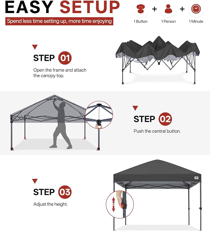 ABCCANOPY 10x10 Pop Up Canopy Tent, Easy Setup Instant Shelter with Wheeled Bag, Heavy Duty Outdoor Canopy for Beach, Market, Backyard, UV Protection, Outdoor Weather Protection (Dark Gray, 10x10)