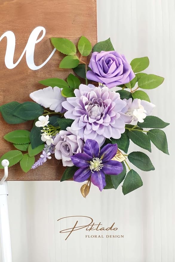 Wedding Decor Pack of 2 Welcome Sign Flower Backdrop Garland for Ceremony Reception Wall Easel Home Decoration Entryway Faux Outdoor Board Head Table Decor Lilac & Cream