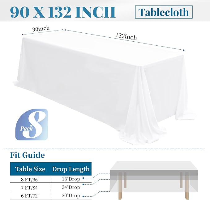 Fani 8 Pack 90 x 132 Inch White Polyester Tablecloths, Rectangular, Classic, Solid, Wrinkle & Stain Resistant, Machine Washable, Perfect for 6ft Tables, Formal & Casual Events
