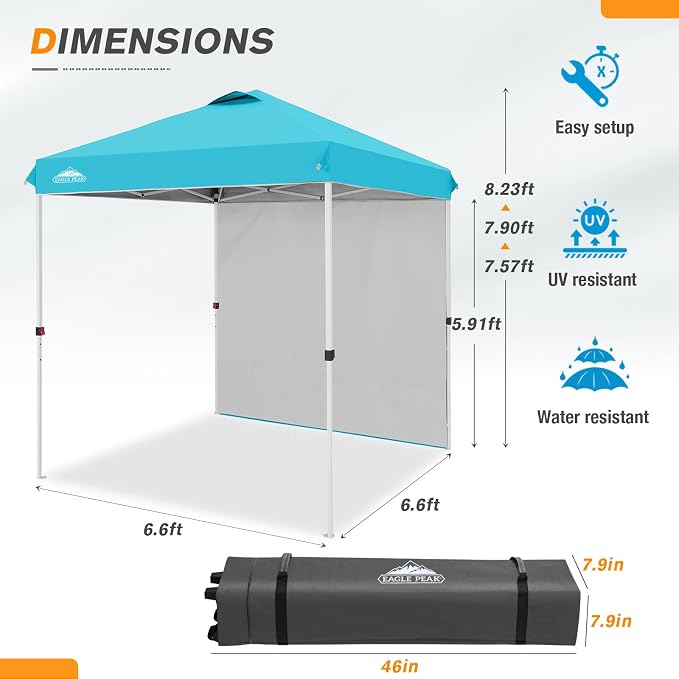 EAGLE PEAK Commercial Canopy 6.6x6.6 Pop Up Canopy Tent with 1 Sidewall, Easy Setup Heavy Duty Instant Event Shelter for Vendors & Markets, Outdoor Sun Shade, Light Blue