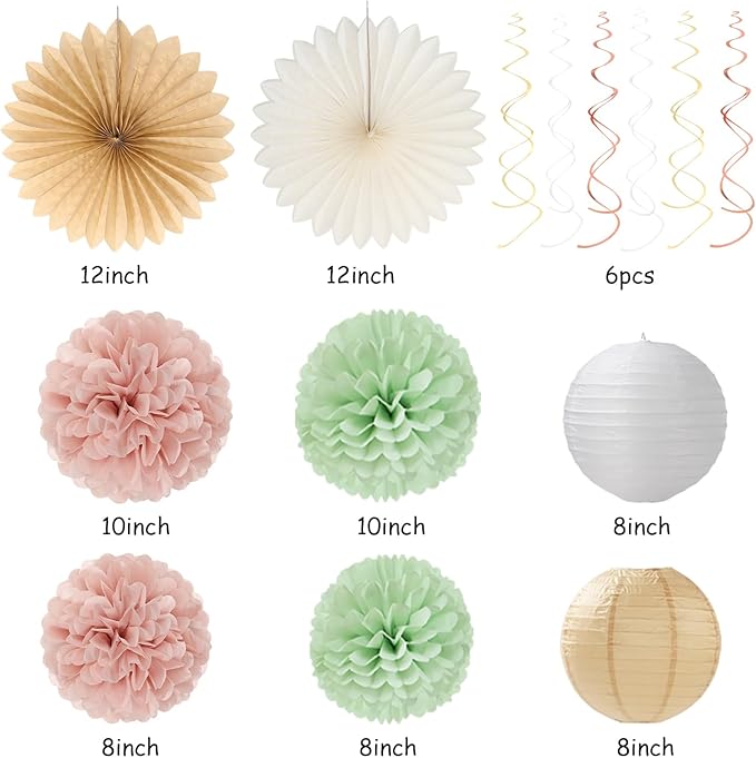 Sage-Green Pink-Beige Bridal-Shower Party-Decorations - 36pcs Bride to Be Banner,Bachelorette Paper Lanterns,Neutral Wedding Streamers Garland,Boho Tissue Pom Poms Flower Fan Decor Supplies Burgleda