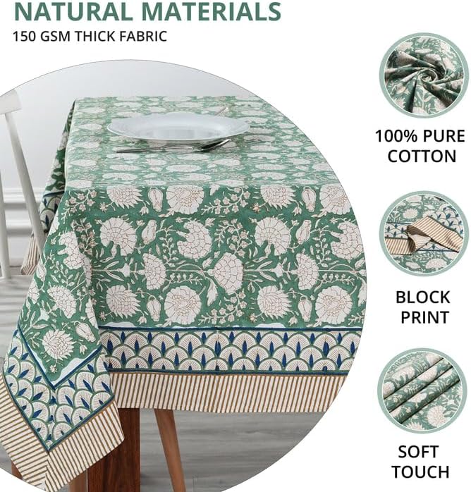 Ridhi Turquoise Moss Green Hand Block Print Cotton Rectangle Tablecloth 118" x 70" inches Reusable Table Cover Decorative Everyday Use for Dining Room, Farmhouse, Home Gift for Spring, Mother's Day