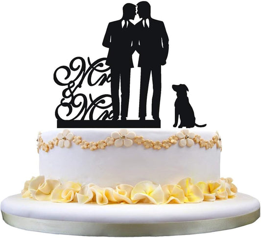 Gay wedding cake topper with dog, mr and mr cake topper