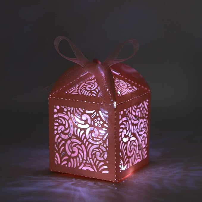 COTOPHER 60Pcs Laser Cut Favor Boxes, 2x2x2.75in Small Gift Boxes for Presents, Party Wedding Favors Boxes with Ribbon, Mini Candy Boxes for Event Bridal Shower Anniversary Birthday Christmas, Pink