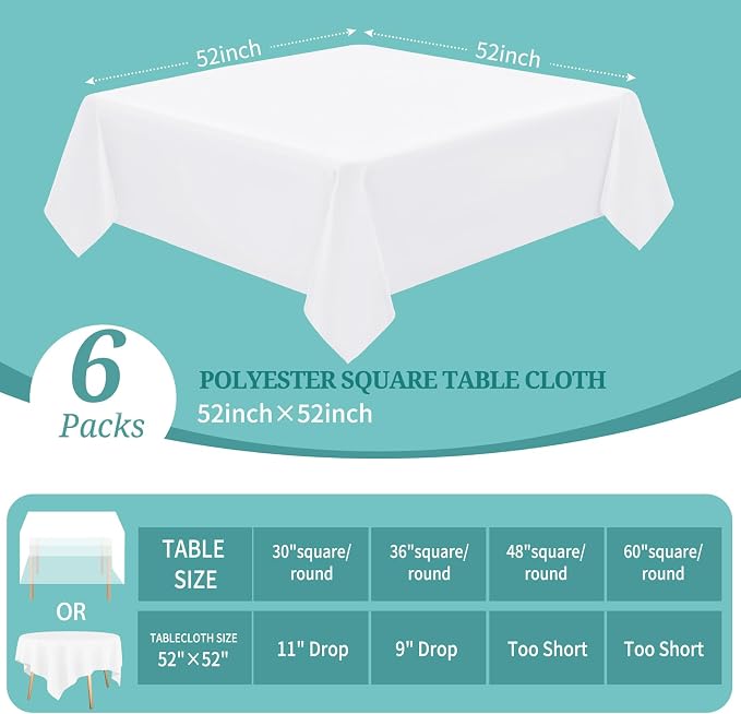 Pesonlook 6 Packs Square Tablecloth White, 52×52Inch Square Table Cover Polyester Table Cloth Washable for Buffet/Wedding/Party