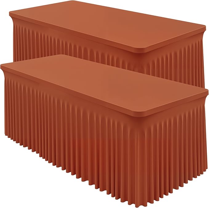 2 Packs Terracotta Spandex Table Cloths 4 Foot, Fitted Stretch Table Cover with Skirts 24x48 Inch, Wrinkle-Free Floor Length Tablecloths Rectangular for Weddings Parties Banquets Events Decorations