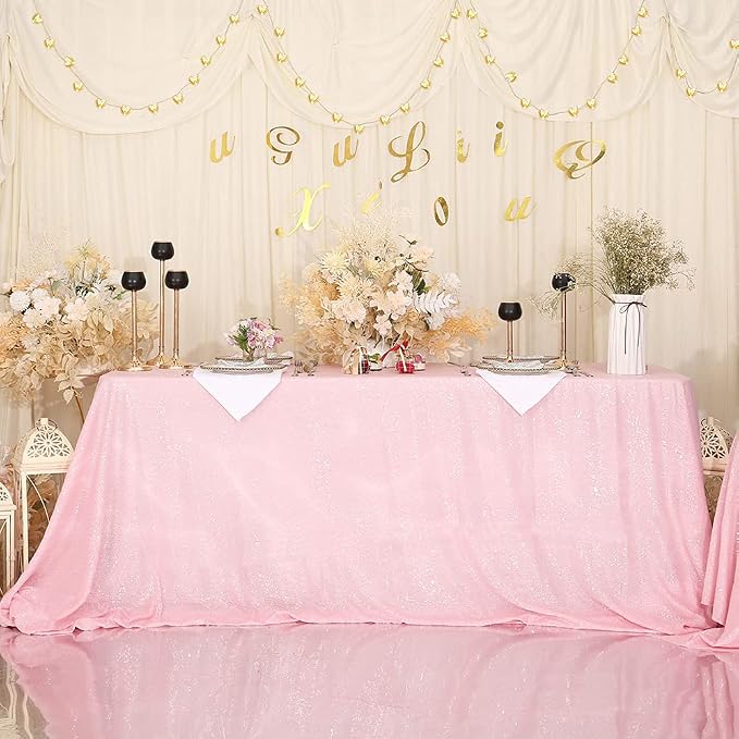 Eternal Beauty Sequin Tablecloth, 50x50 Inch Pink Square Glitter Table Cover for Mother's Day Cake Dessert Exhibition Party Birthday Events