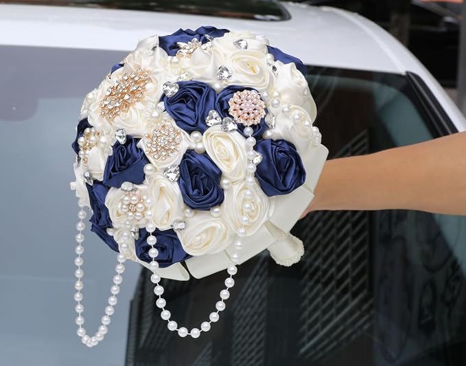 Bridal Wedding Bouquet with Rhinestone Brooch Pearl String Cascade Bouquet for Bride Bridesmaid Quinceanera Satin Rose Flower Bouquet Wedding Navy Blue and Ivory 6.3in