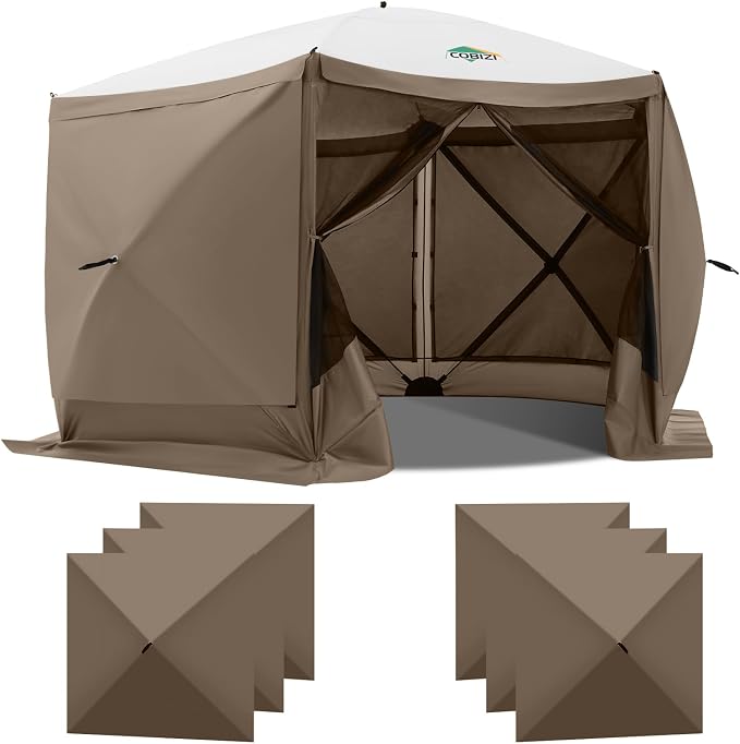 COBIZI 12x12 FT Pop Up Canopy Shelter Tent, Large Gazebos On Clearance with Sidewalls, Screened in Gazebo, Screen Tents Portable carpas para Patio for Outdoor Camping, Backyard, Garden, Beach,Brown