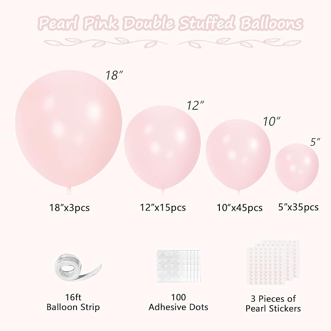Pearl Pink Balloons With Pearl Stickers, 98PCS Pearl Peach Double Stuffed Balloons Garland Arch Kit, 18/12/10/5 inch Different Size Balloons for Wedding Bridal Baby Shower Engagement Decorations