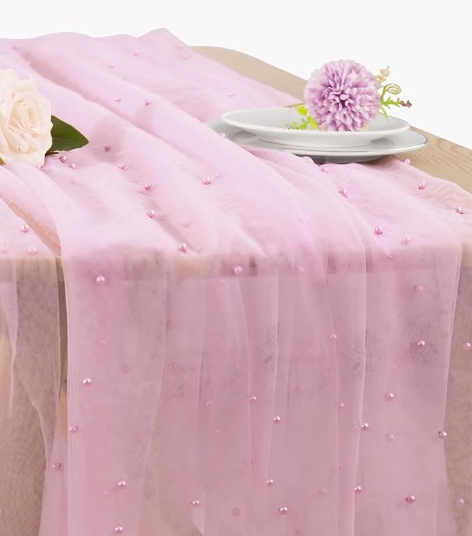 Pearl Table Runner 29 x 120 Inch Tulle Fabric Lace Table Runners for Bridal Shower Birthday Party Wedding Arch Dessert Table Decor(1 Pack, Pink)