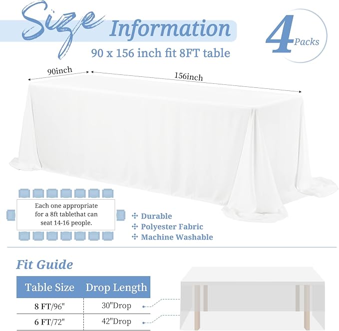 4 Pack White Tablecloth 90 x 156 Inch, Rectangle Tablecloth for 8 Foot Table, Stain and Wrinkle Resistant Washable Polyester Table Cloth Cover for Wedding Dining Table Buffet Parties and Camping
