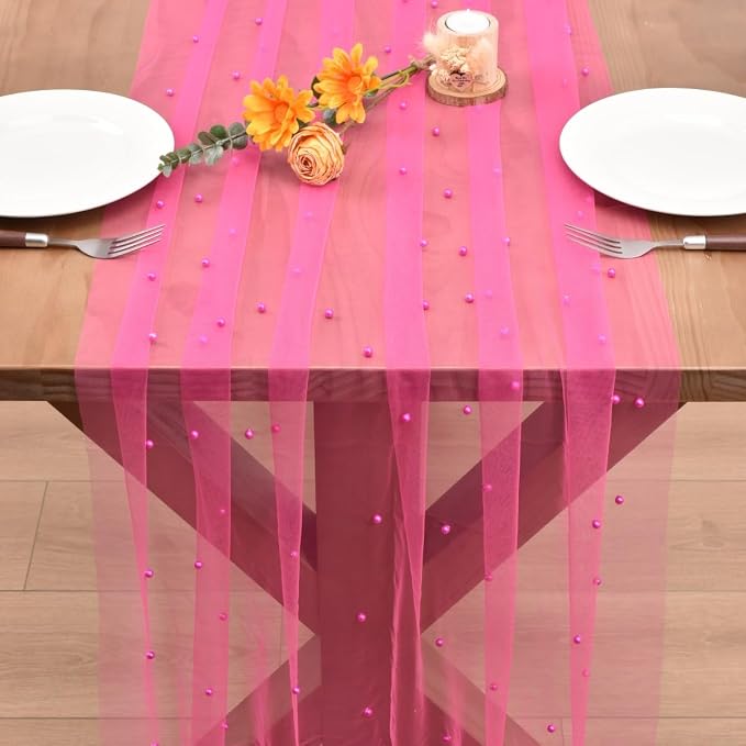 Fuschia Pearl Table Runner Boho Rustic Tulle Lace Dining Baby Shower Wedding Arch Decor Veil Dessert Holiday Centerpiece Table Decor