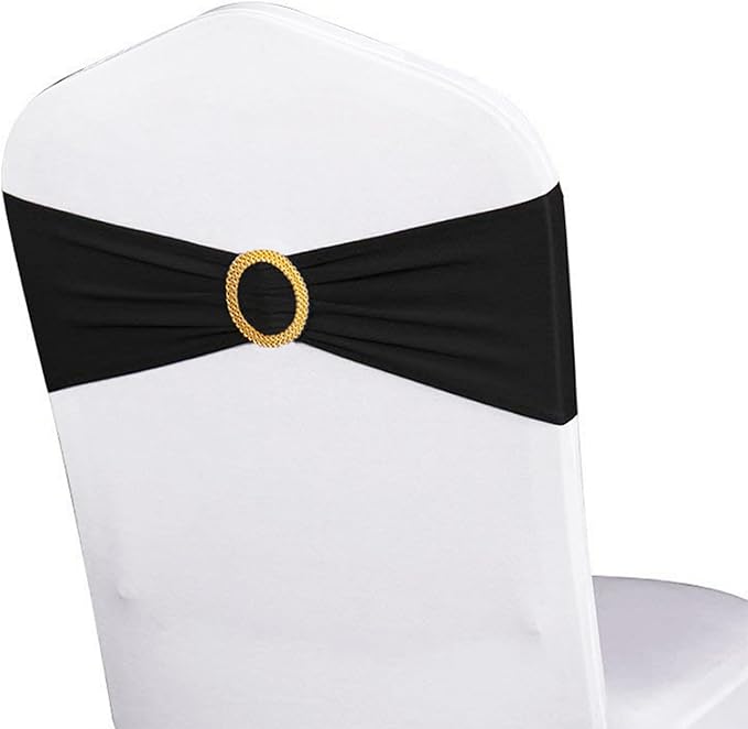 Pack of 100 Spandex Black Chair Sashes with Gold Buckles, Stretch Chairs Sashes for Wedding Party Baby Shower Ceremony Event Decorations Chair Bands Bows (Black Sashes, Gold Buckles)